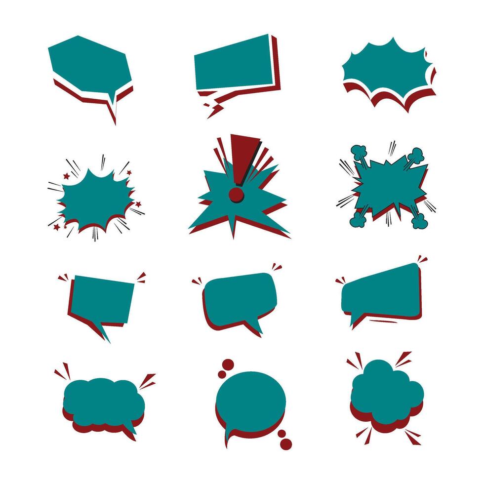 illustration of colorful comic speech bubbles and action text frames in bold cyan and red pop art style. vector