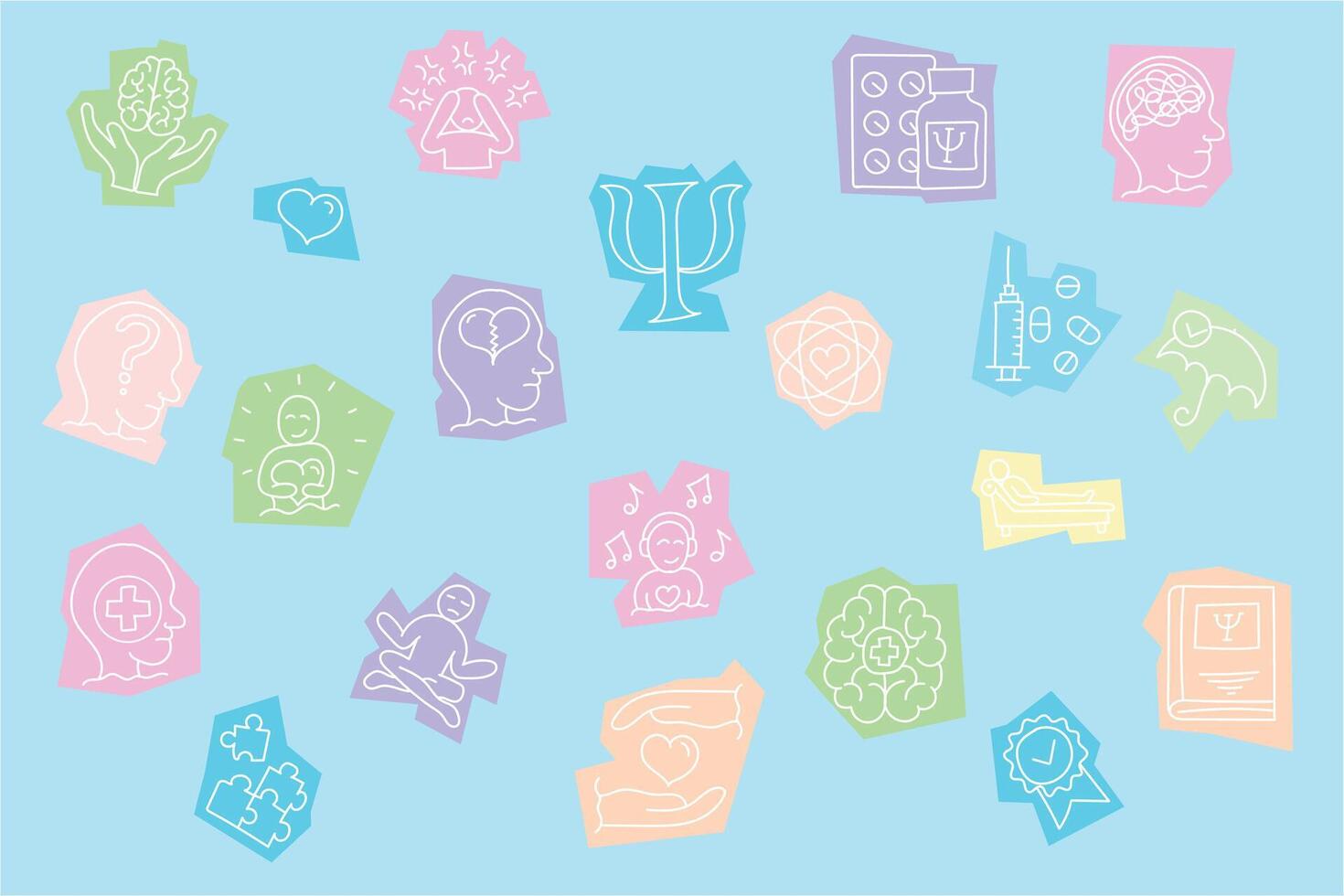 Pastel Mental Health Icon Set. Flat Style Line Art Illustration. illustration of a mental health icon set in pastel color palette with thin line art style. vector