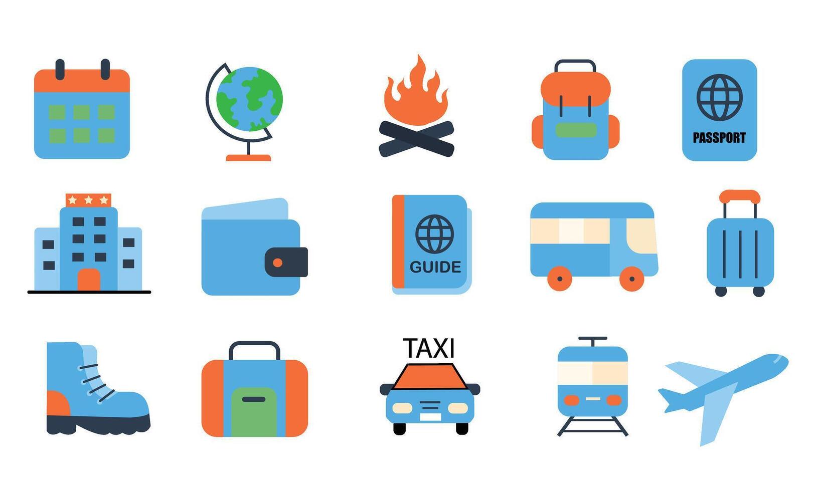 Travel icons including suitcases, passports, and transportation vector