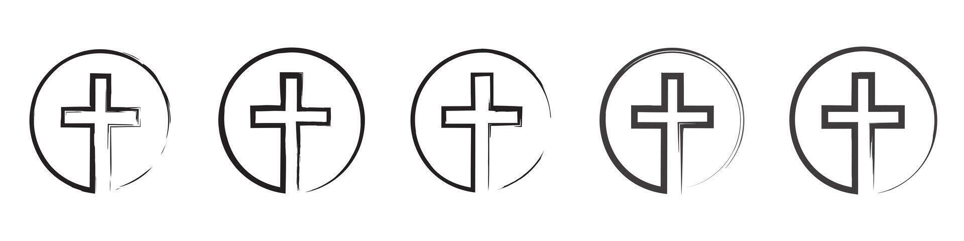 Religion grunge cross circle inside set vector
