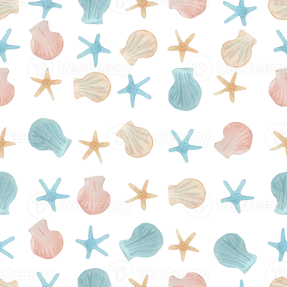 Seashells and starfish seamless pattern, Hand drawn watercolor illustration on isolated background. For wrapping paper or textile nautical design, stationery, accessories for a beach holiday png