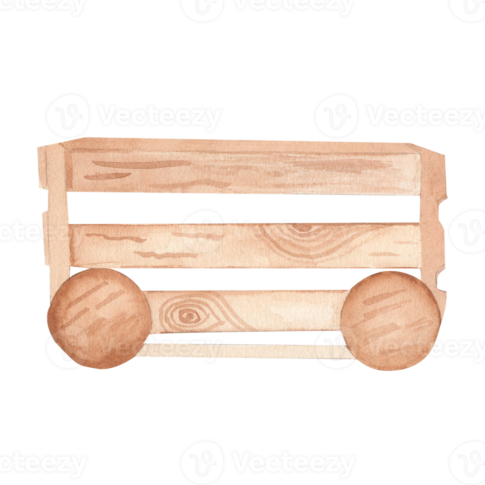Watercolor illustration of a wooden cart with two wheels, painted in warm brown tones. Perfect for garden-themed designs, invitations, logos, kids' books, and seasonal decor. png