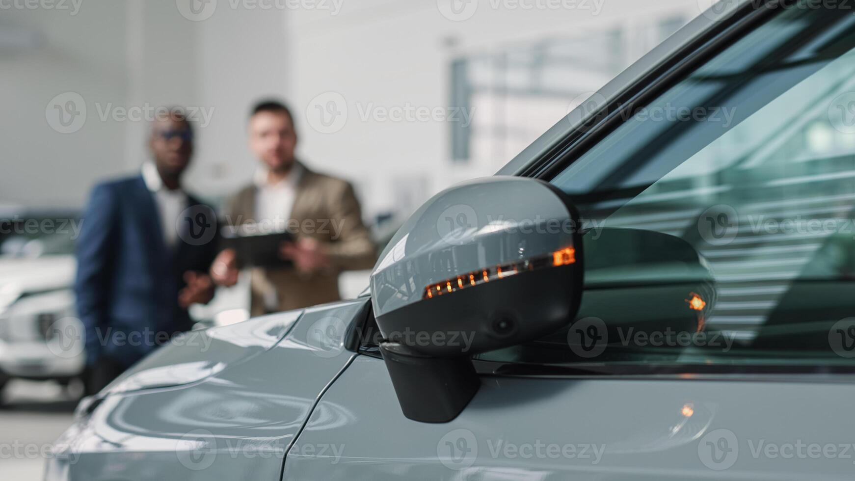 A car dealer in a modern car dealership advises an African-American customer on buying or leasing a new car. The concept of an expensive purchase or lease of a modern car. photo