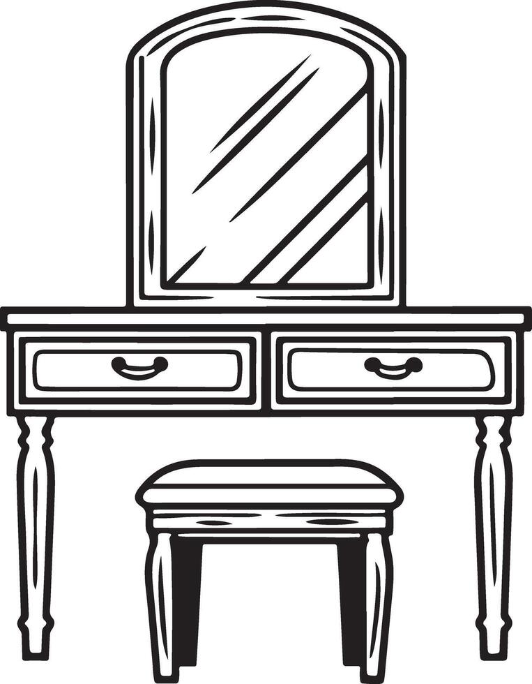 Vintage vanity set with mirror and stool isolated on white background vector