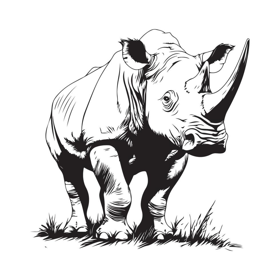 Black and white Rhino In The Grass Images vector