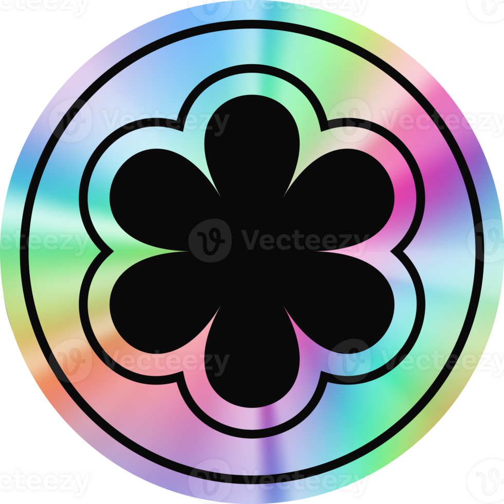 Holographic circle sticker with flower. Gradient foil shape. Neon iridescent emblem with symbol. Y2k quality tape png