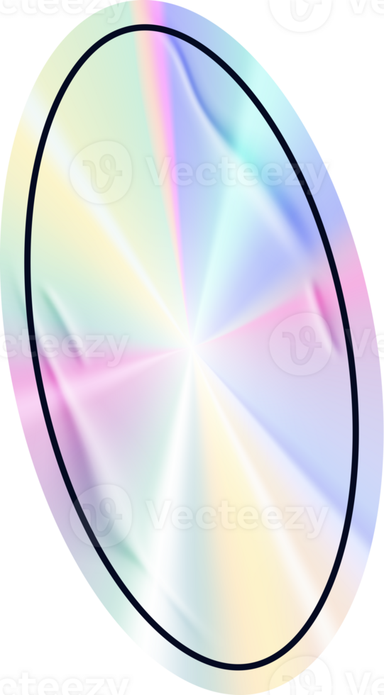 Holographic silver ellipse sticker. Gradient foil label with geometric shape. Metal stamp with neon iridescent texture. Rainbow tape for certificates and original products. png
