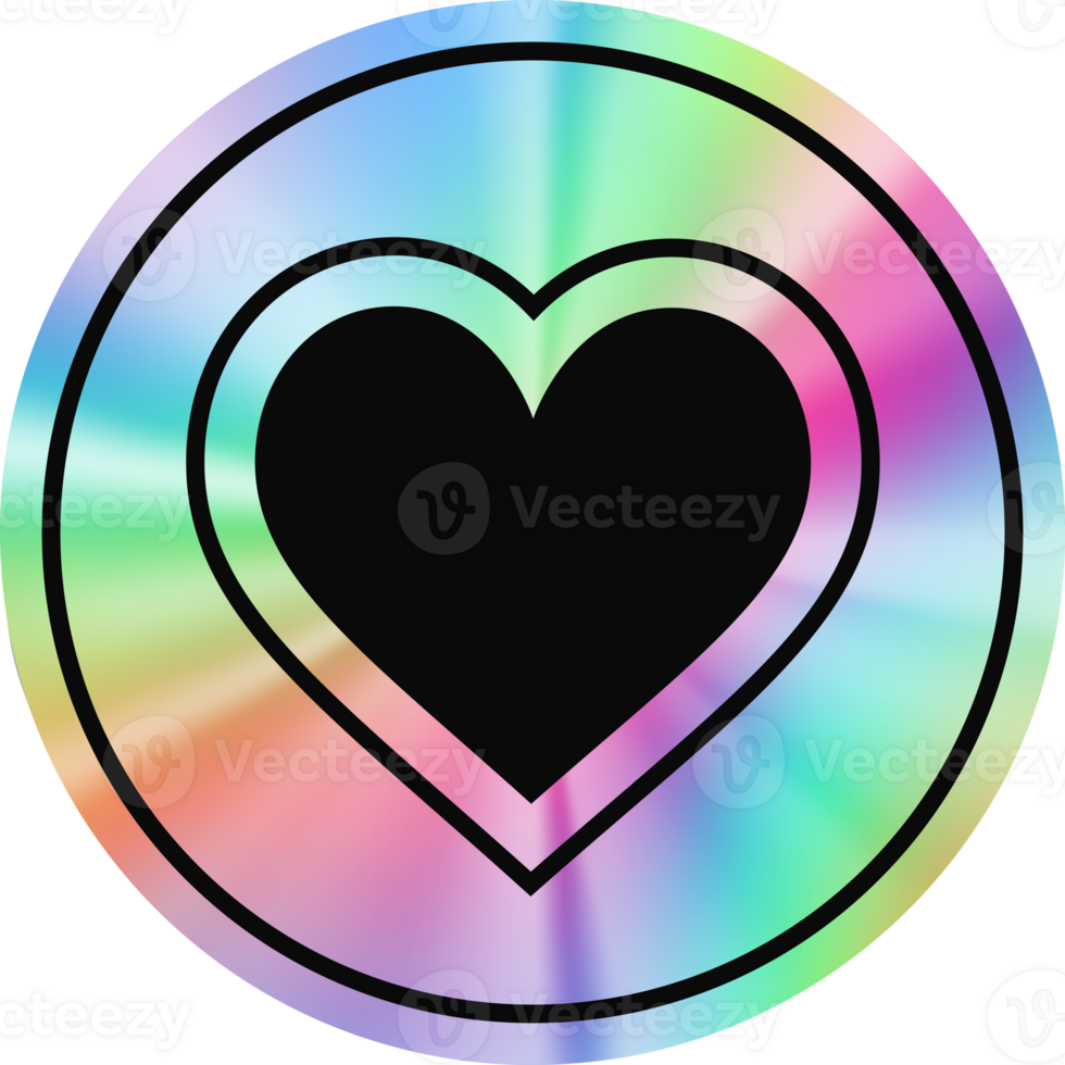 Holographic circle sticker with heart. Gradient foil shape. Neon iridescent emblem with symbol. Y2k quality tape png