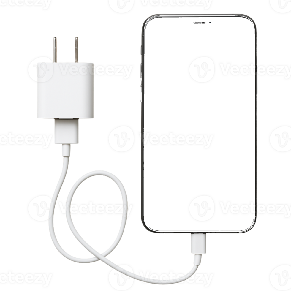 White Phone Charger Connected to Black Smartphone isolated on a transparent background png