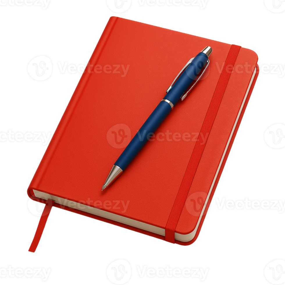 Red notebook with blue pen and elastic band isolated on a transparent background png