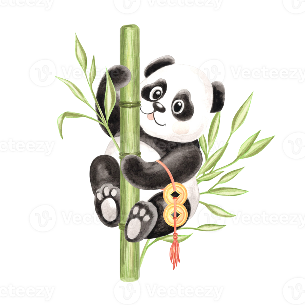 Cute baby panda climbs the bamboo trunk surrounded by green leaves watercolor illustration for kids design. Hand drawn isolated black and white bear. Adorable animal character for children theme png