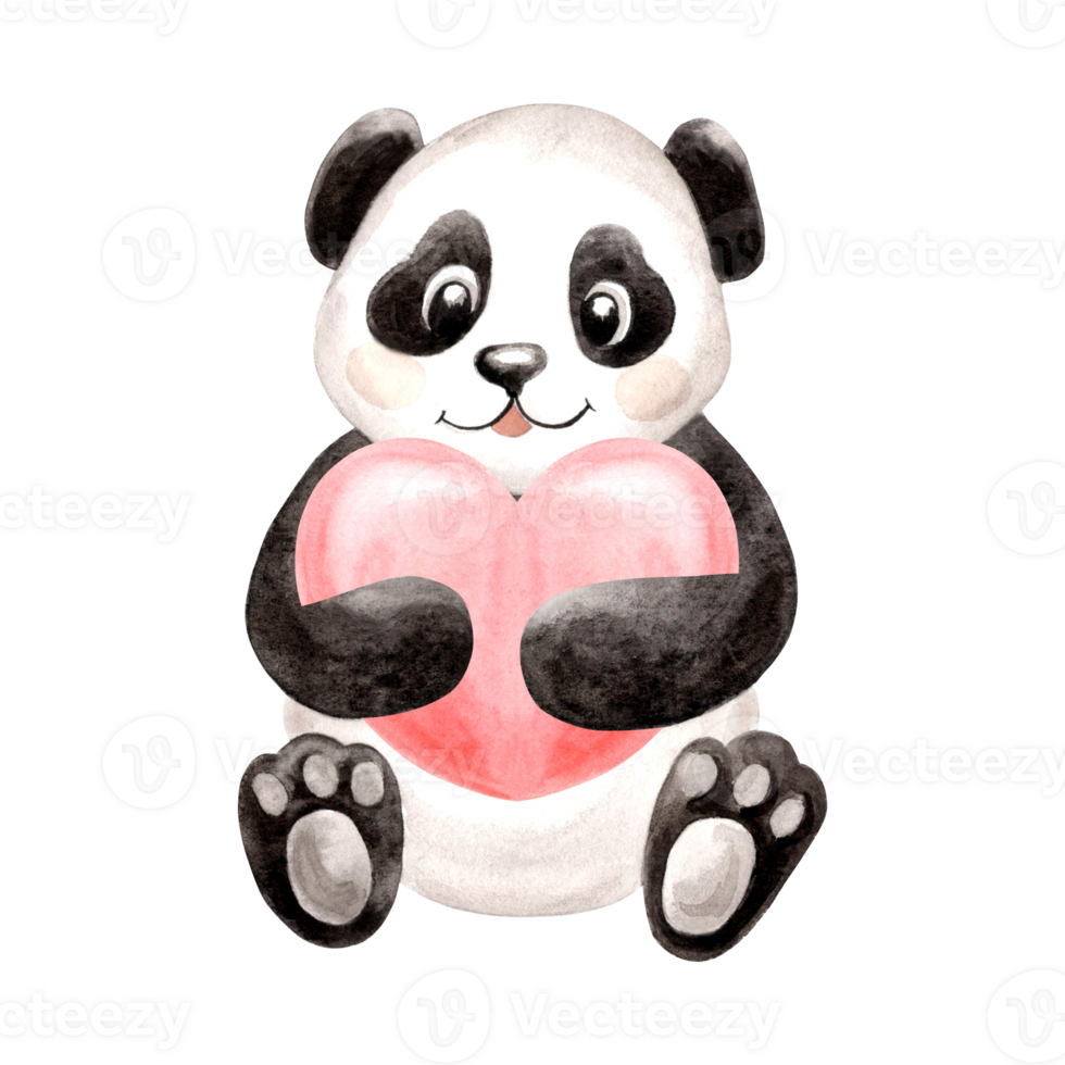 Cute baby panda with heart watercolor illustration for kids design. Hand drawn isolated funny little black and white bear. Smiling adorable animal character for children theme. Valentine card template png