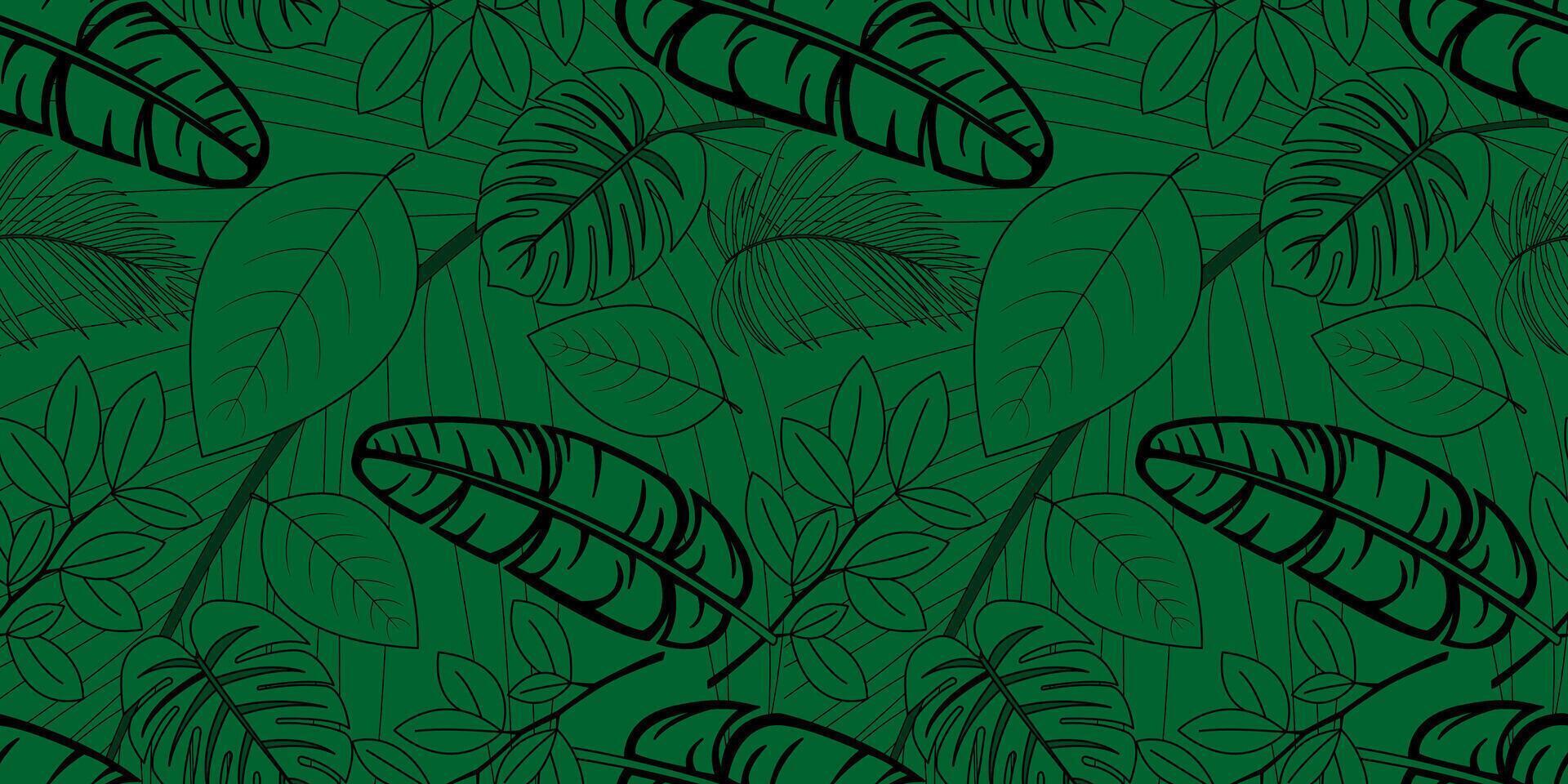 Line art of various leaves and flower on a green background. Seamless pattern various leaf shapes. Simple, elegant leaf designs in black outline for fabric, printing textiles vector
