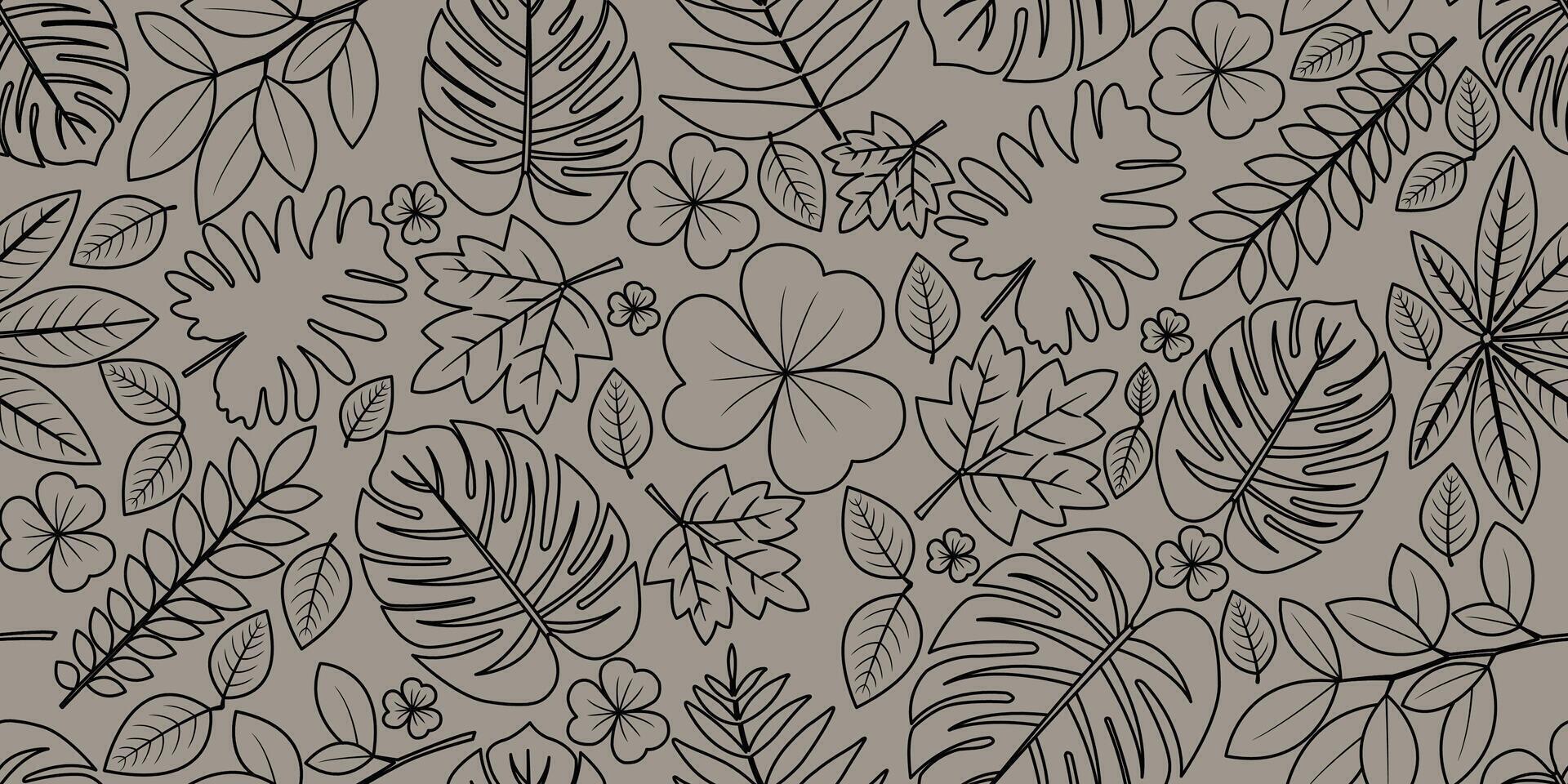 Line art of various leaves and flower on a brown background. Seamless pattern various leaf shapes. vector