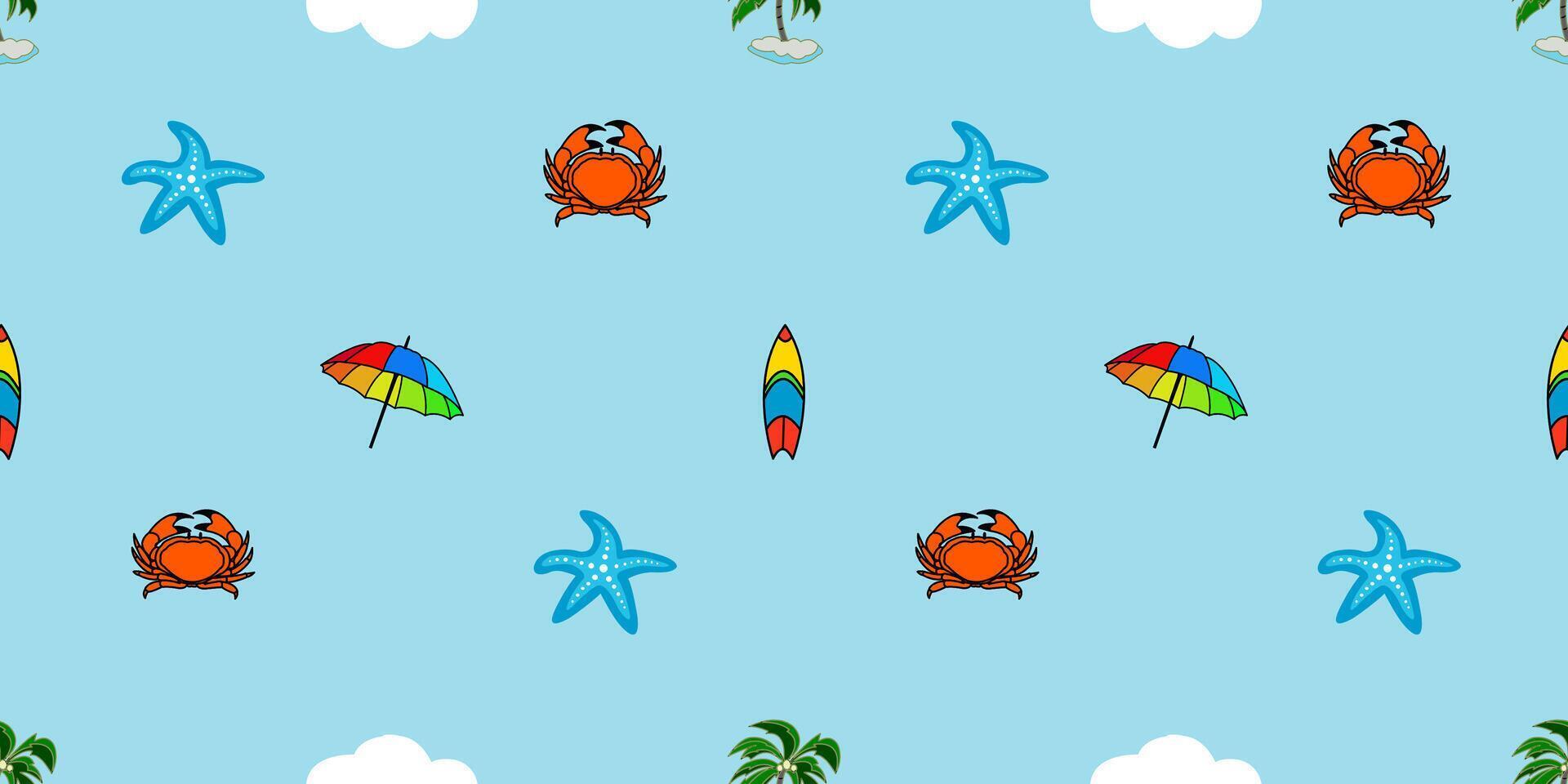 Summer blue doodle seamless pattern. Colorful background with beach elements. vector