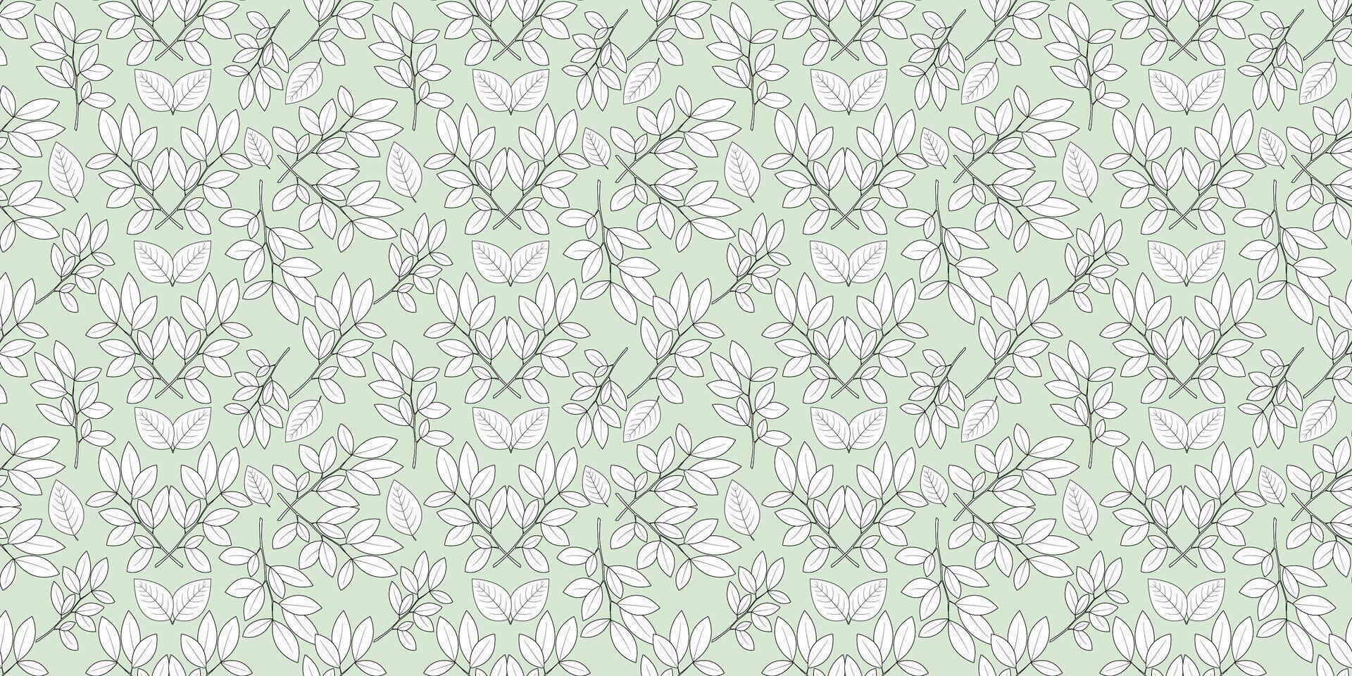Line art of various leaves and flower on a green background. Seamless pattern branch leaves. vector