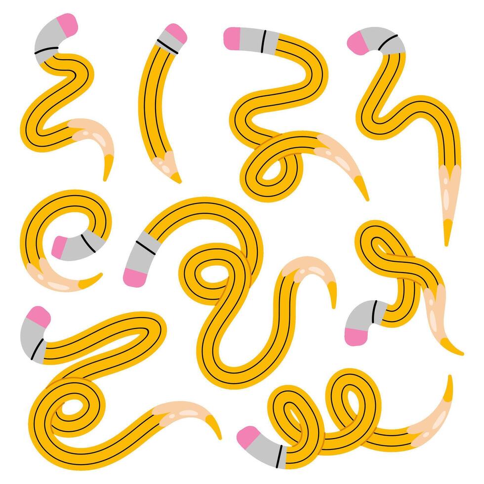Set yellow pencils in different conditions. Bent, twisted and short pencil. Back to school, teacher's day concept. Design templates. Hand drawn illustration vector