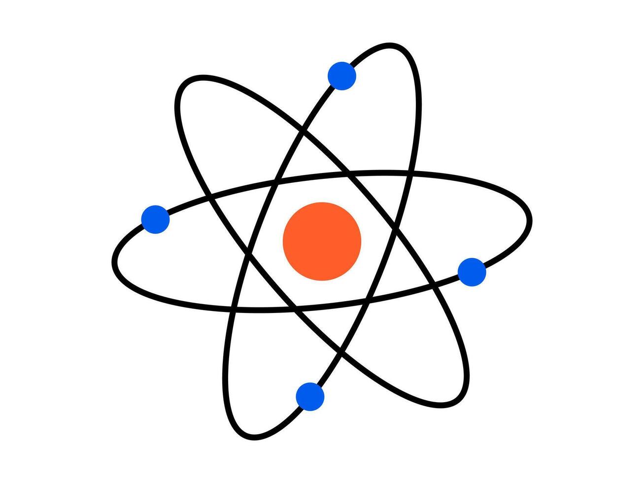 Hand drawn cute cartoon illustration of atom. Flat molecular structure doodle. Biotechnology innovation. Health care or physics sticker, icon. Nuclear biochemistry science. Isolated. vector