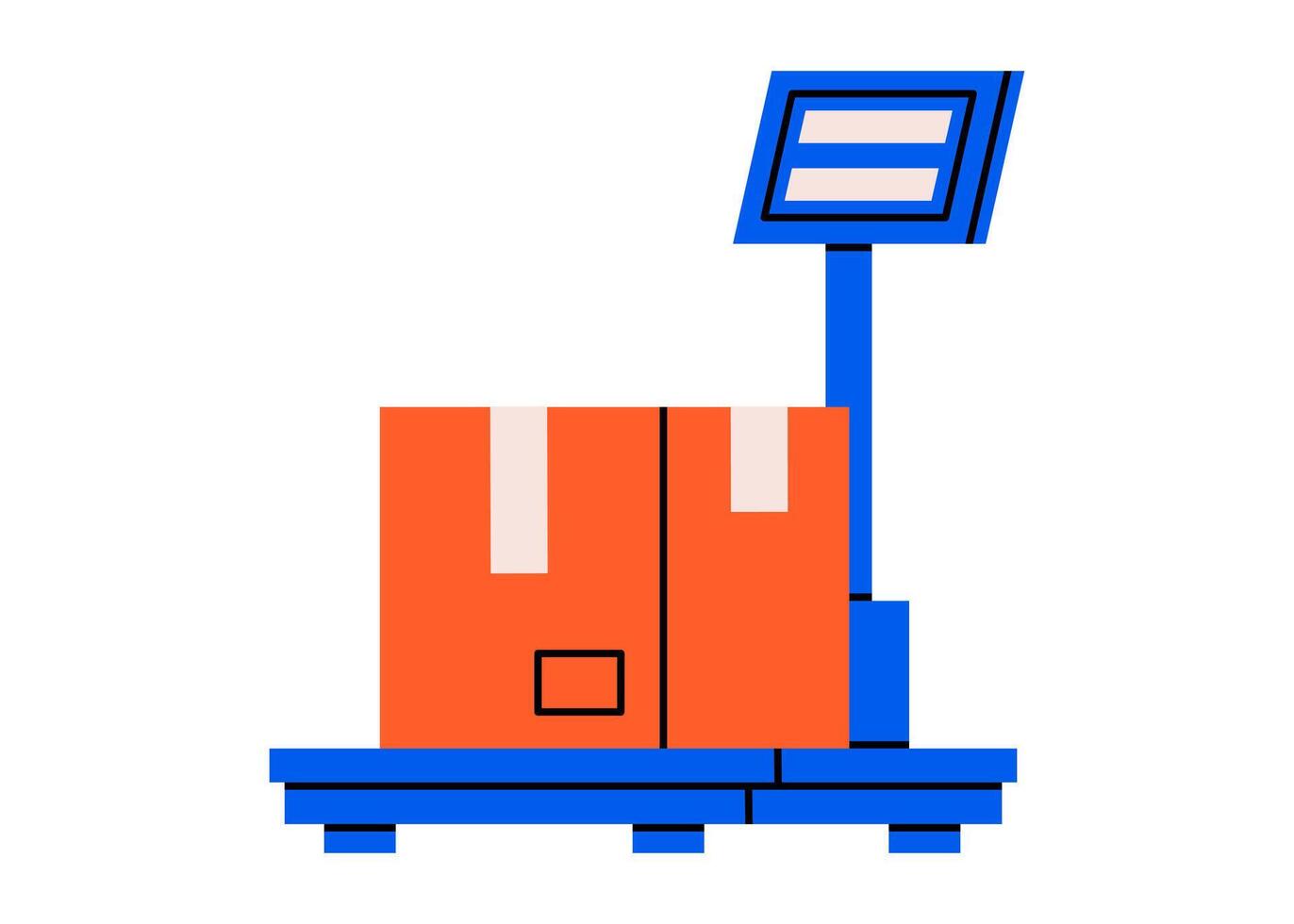 Hand drawn cute cartoon illustration of cardboard box on scale. Flat package on platform doodle. Parcel shipping icon. Postal weight measurement device. Delivery service sticker. Isolated. vector