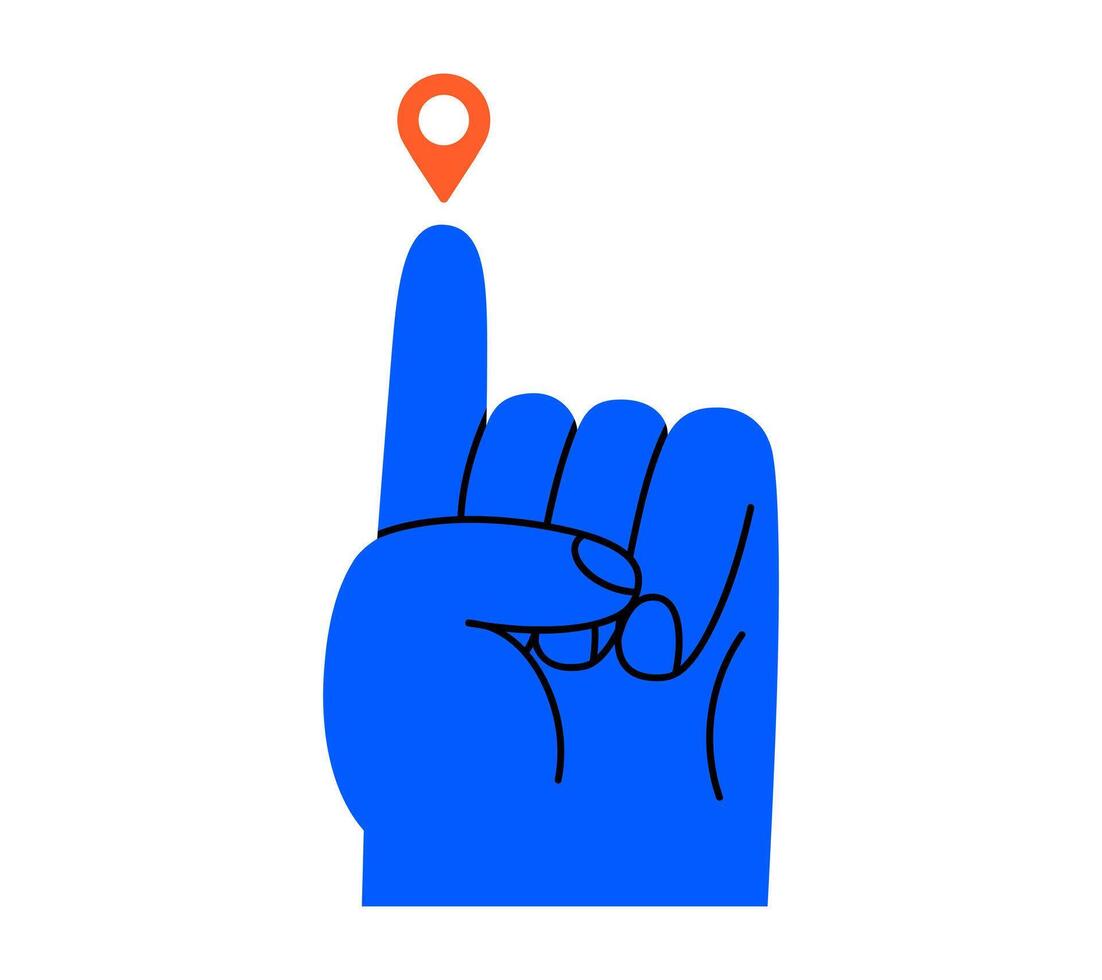 Hand drawn cute cartoon illustration of hand points at location pin. Flat navigation mark with arm doodle sticker. Guide or leader icon. Travel destination. Isolated. vector