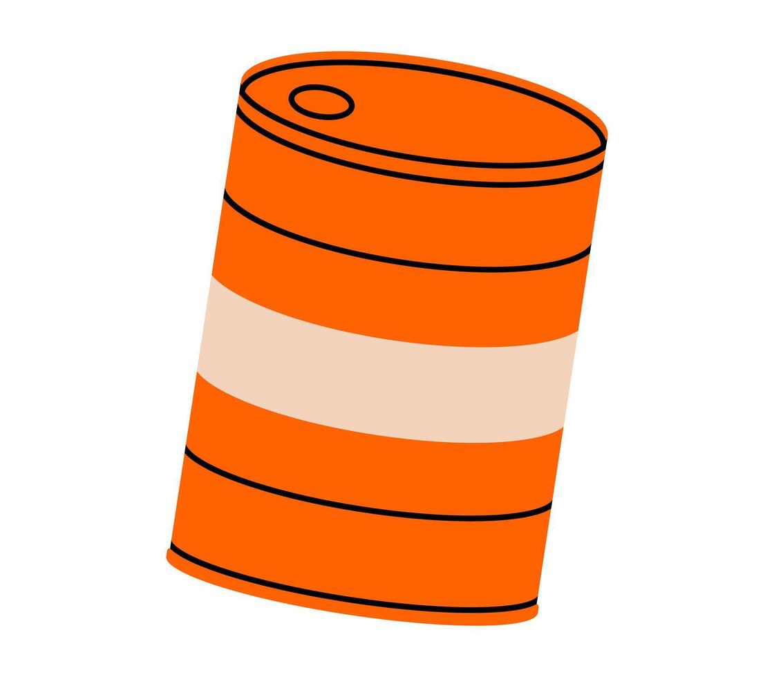 Hand drawn cute cartoon illustration of metal oil barrel. Flat fuel container doodle. Ecology problem sticker, icon. Cylinder gasoline can. Environmental pollution. Isolated. vector