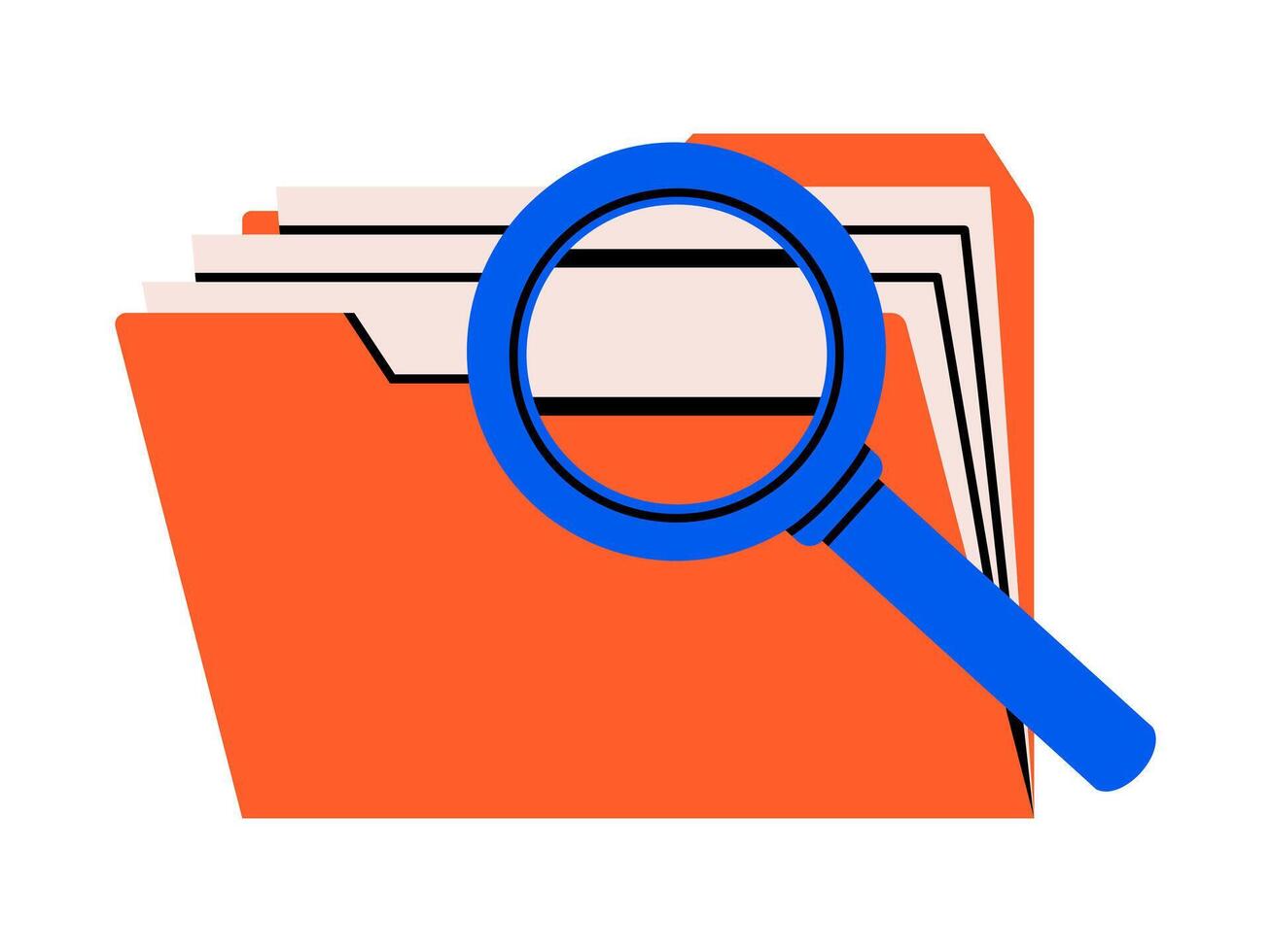 Hand drawn cute cartoon illustration of folder with magnifying glass. Flat file archive with lens doodle. Data analyzing icon. Information research. Searching for document. Isolated. vector