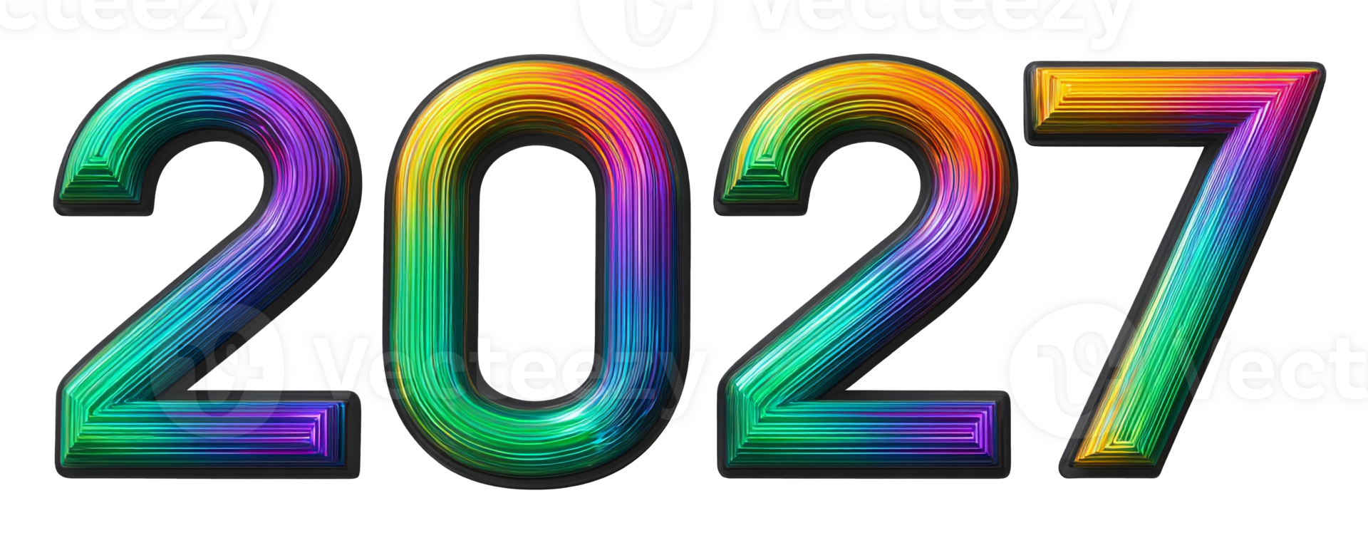The colorful 2027 numbers shimmer with a bright rainbow spectrum. This vibrant digital display celebrates the start of the new year, symbolizing a fresh beginning. png