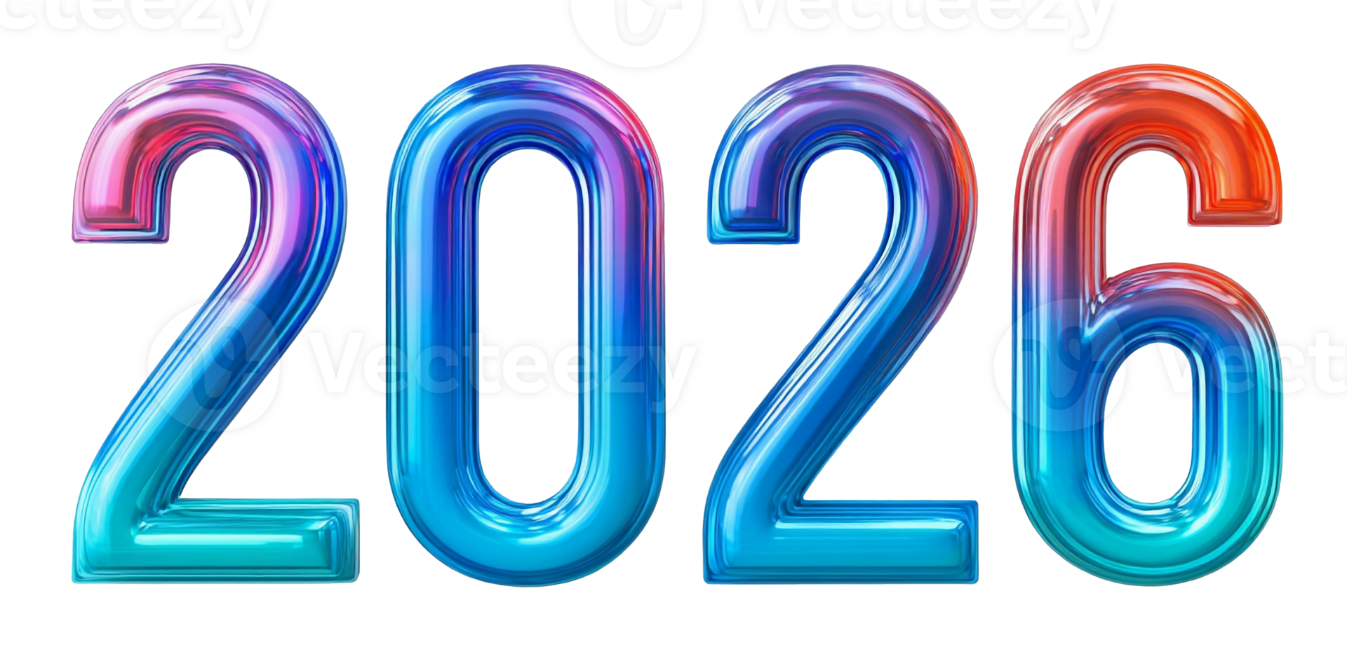 A vibrant, glossy, and colorful metallic display of the year 2026 represents a bright new year and future possibilities. png