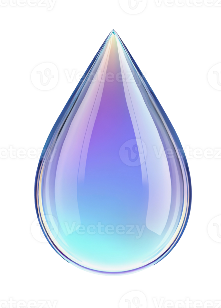 A single glossy water drop displays vibrant colors. This transparent liquid element is isolated on a clear background, perfect as a clean image. png