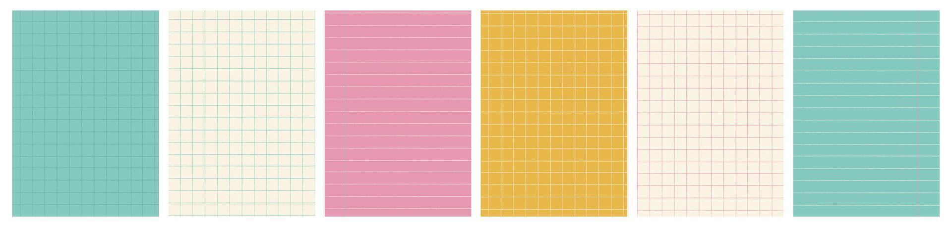 A4 sized back to school background templates set for education concept. Colorful notebook pages, sheets and colored graph grid paper with grid and striped texture. illustration with copy space vector
