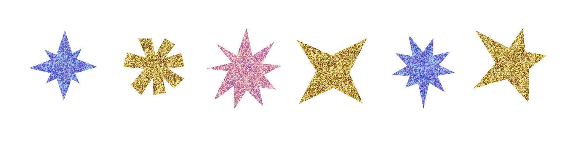 Colorful metallic Glitter sparkle textured irregular stars set. Cut out collage elements collection. Vintage festive illustration vector
