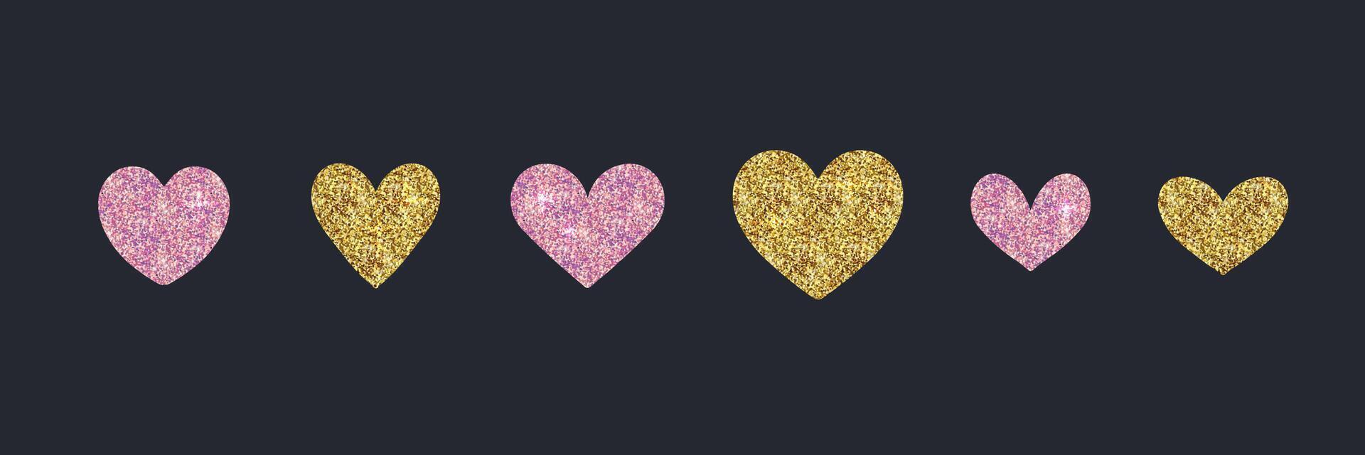 Valentine day golden and pink metallic glitter hearts silhouettes set. Geometric hearts for wedding and valentine cards. vector