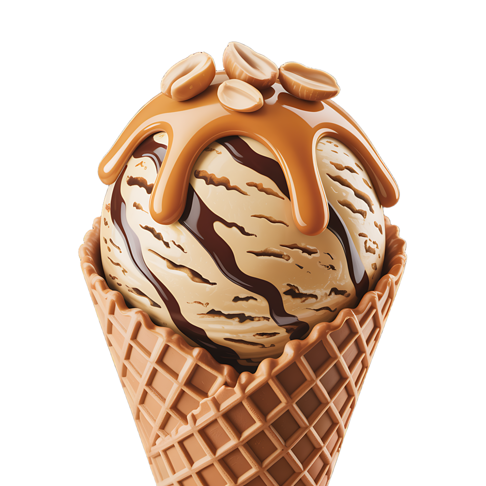 Delicious peanut butter ice cream cone drizzled with caramel and topped with crunchy peanuts, a tasty dessert png
