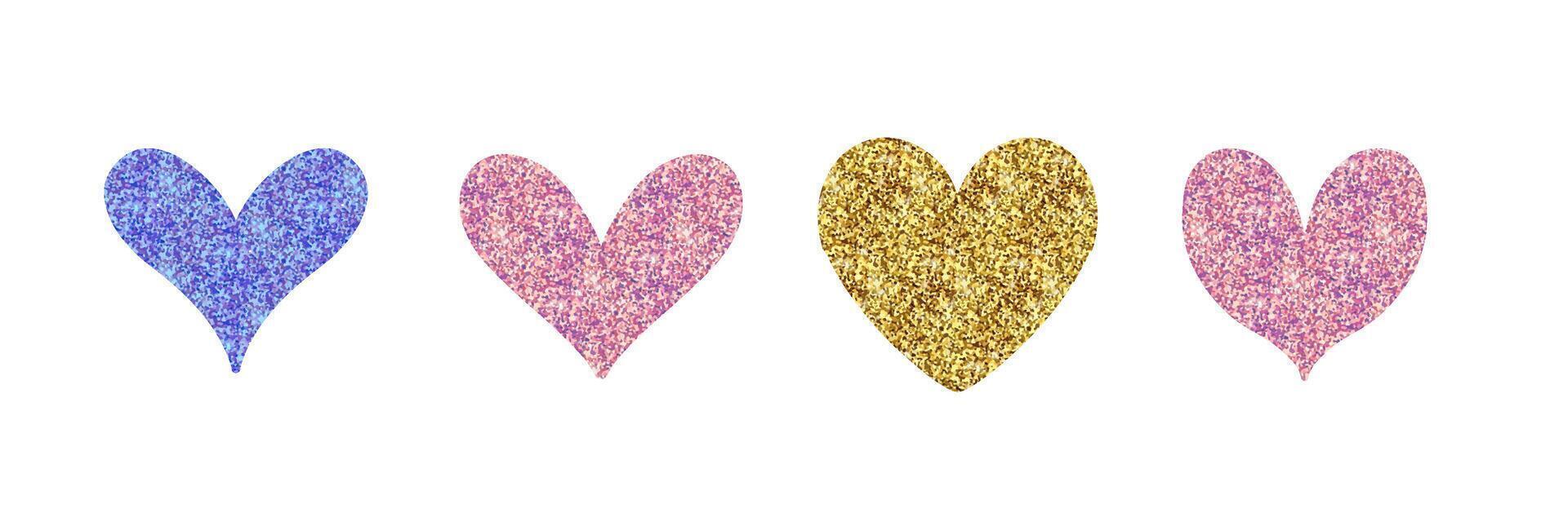 Set of funny hearts with golden glitter texture and sparkling shine. design element for Valentine s day holiday, Engagement cards. vector
