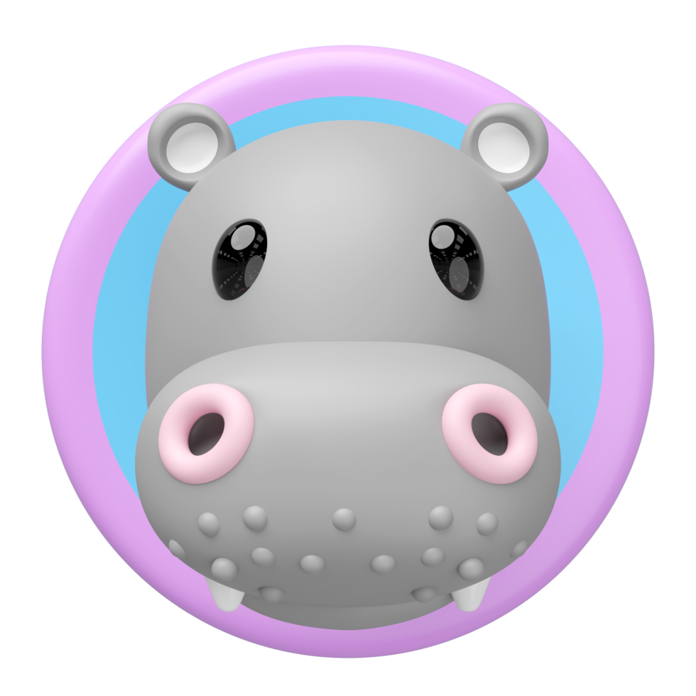 Adorable 3D cartoon hippopotamus head, rendered in a cute, minimalist style, centered within a vibrant pink and blue circular frame against. Ideal for children designs. png