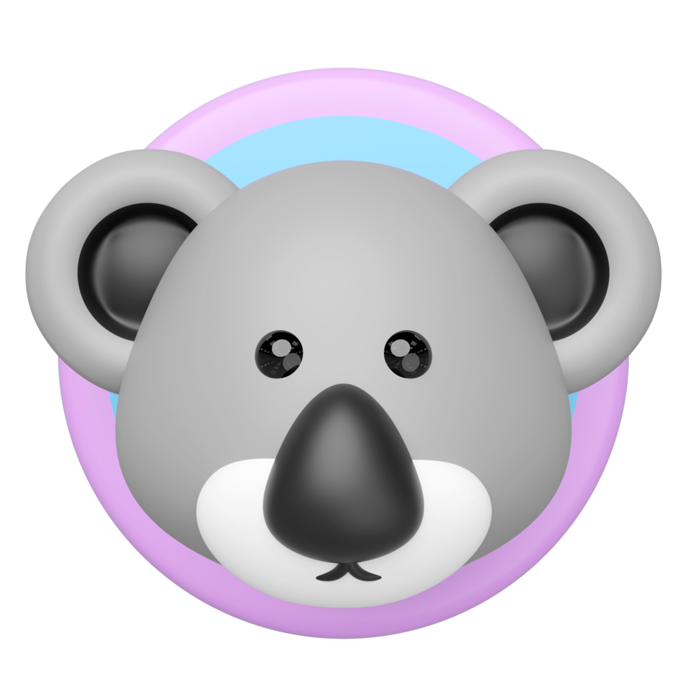 Cute 3D rendered koala head with big ears and black nose, centered on a pastel pink and blue circular background. perfect for kids themes or avatar designs. png