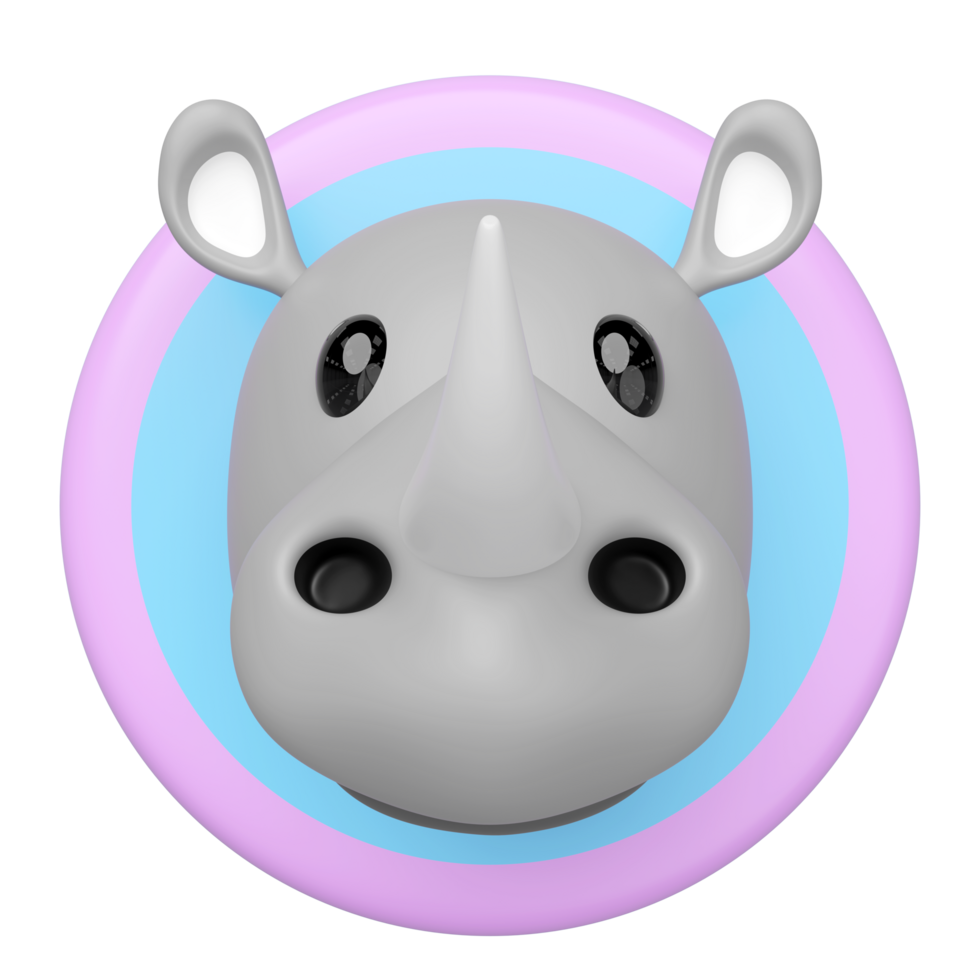 Cute 3D render of a baby rhino head in a minimalist, cartoon style, centered with a pink and light blue circular frame. Ideal for children designs, apps, or mascots. png