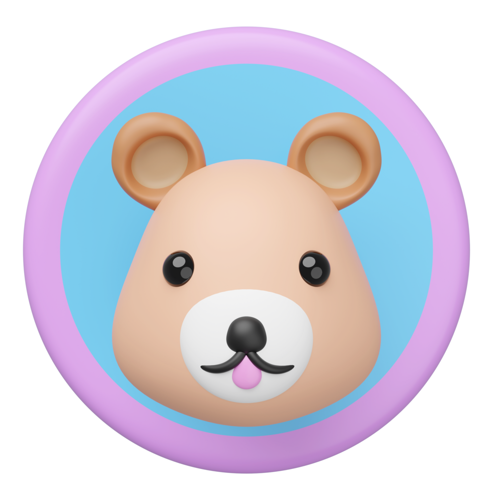 3d cute bear head in the circle label icon isolated. mascot, character, logo, cartoon style, 3d render illustration png