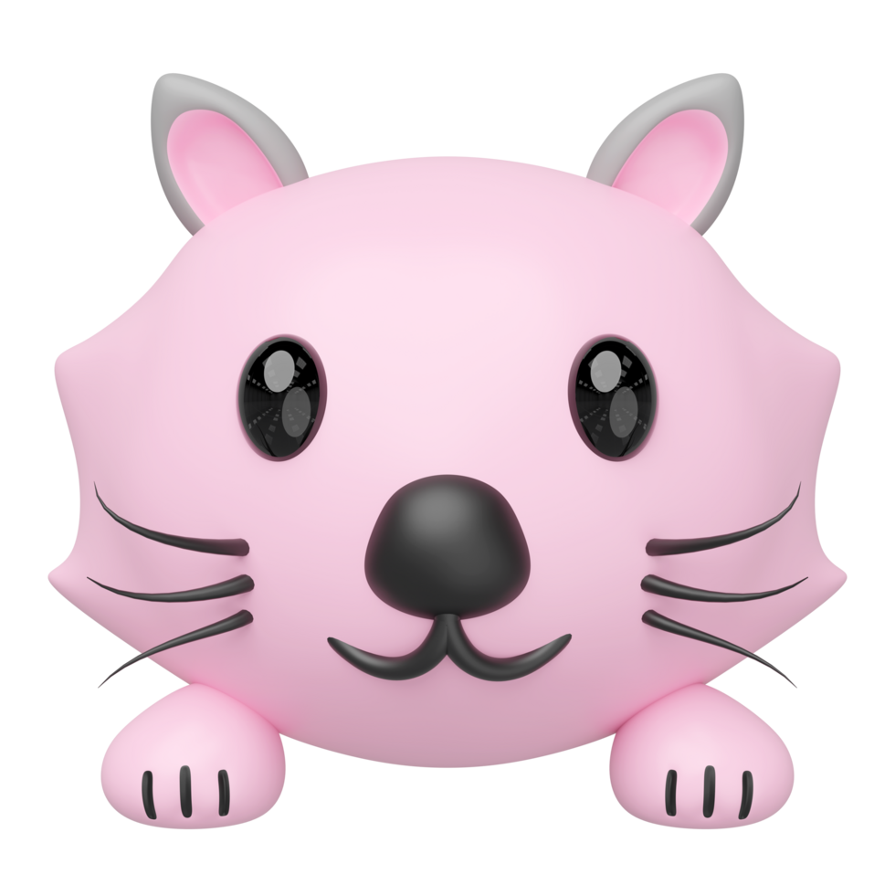 Cute 3D pink cat or animal character peeking. Features include big black eyes, a small nose, whiskers, and paws. Adorable stylized render for kids' content. png