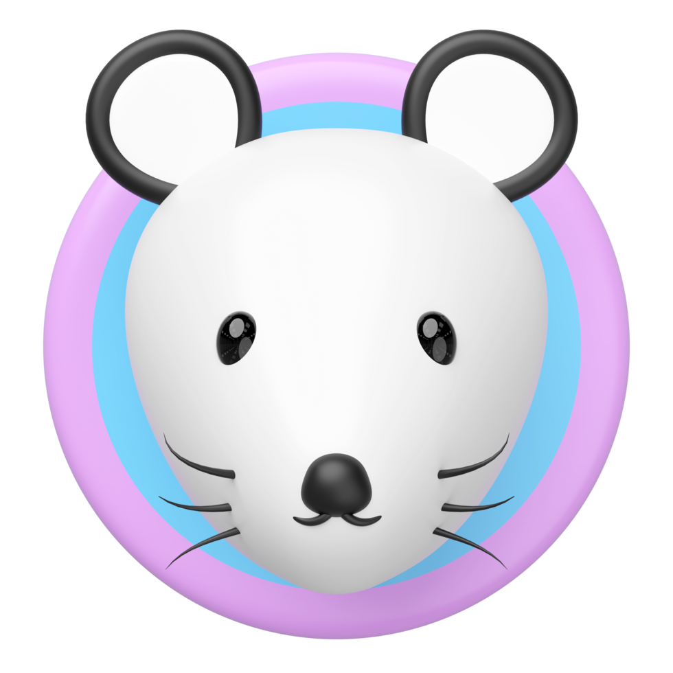 Minimalist 3D render of an adorable white mouse head with black ears, eyes, nose, and whiskers, centered within colorful circle. Cartoon character or cute icon. png