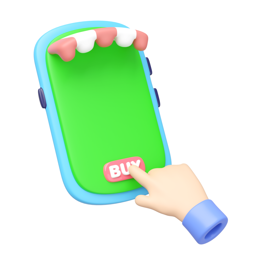 3D businessman using mobile phone with store front isolated. Ideal for online shopping concepts. Minimal and modern design. cartoon style, 3d render illustration png