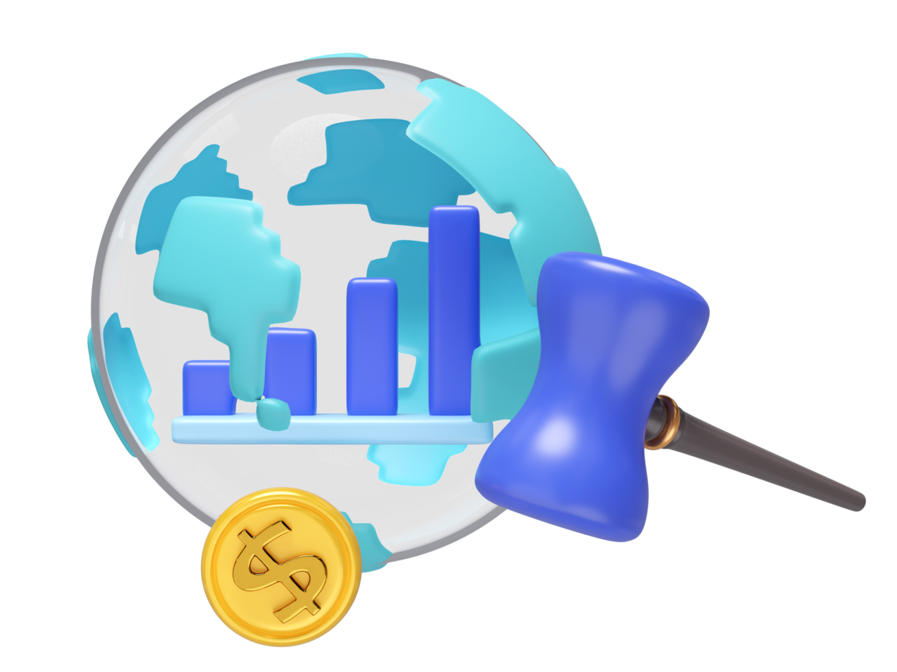 3D render of a globe featuring a bar chart, a golden dollar coin, and a judge's gavel. Illustrates global finance, economic data, international law, and market trends. png