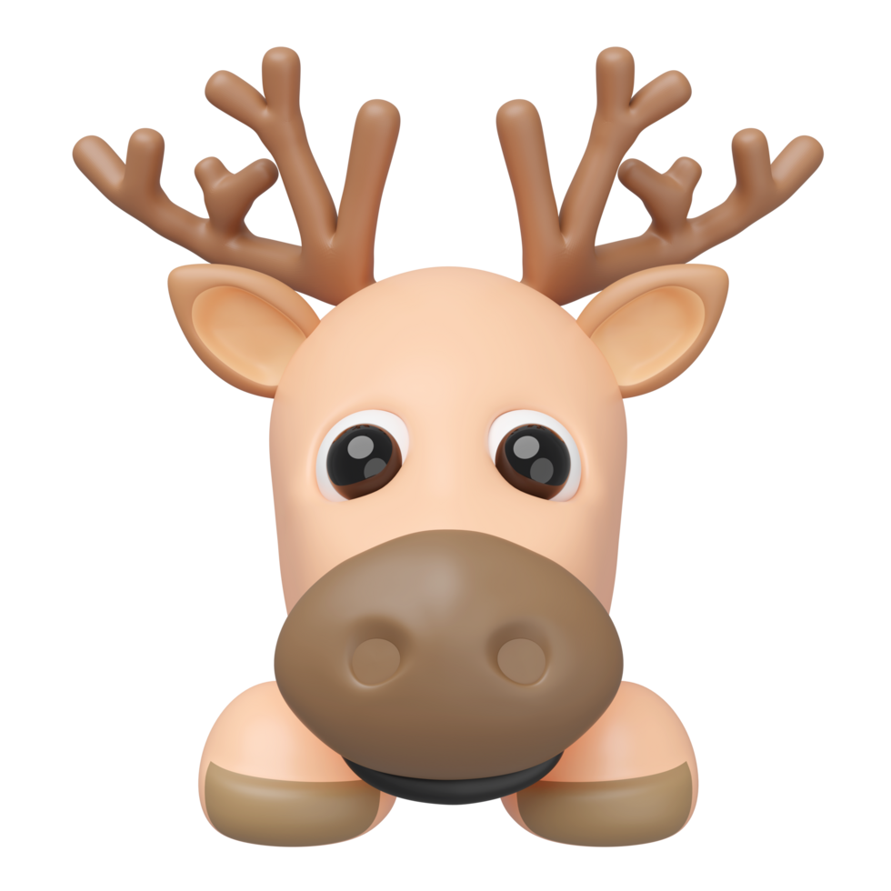 A cute 3D cartoon reindeer head with antlers and a brown nose, rendered in a minimalist style. Ideal for holiday, Christmas, or children themes png