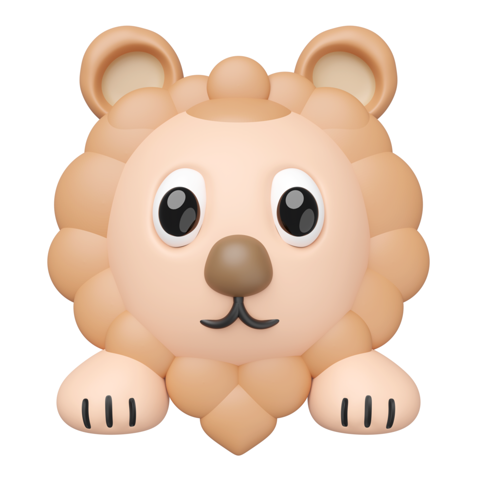 A charming 3D cartoon lion head with paws. This cute, stylized animal character features large eyes and a friendly expression, perfect for children's designs or mascots.3d render png