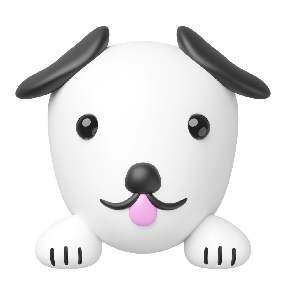 Minimalist 3D render of a cute white cartoon dog head with black ears and eyes, and a pink tongue, peeking into the frame from the bottom, Pet illustration. png