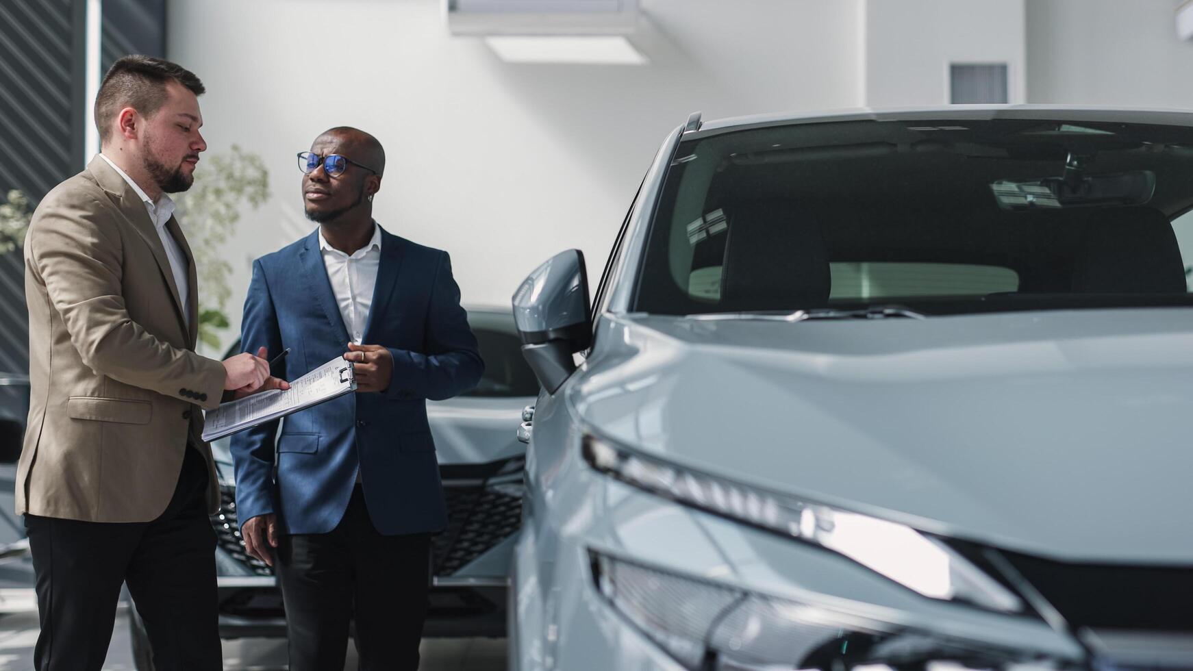 A dealer advises a client on purchasing a modern car at a car dealership. The concept of purchasing, renting and test-driving a new modern car photo