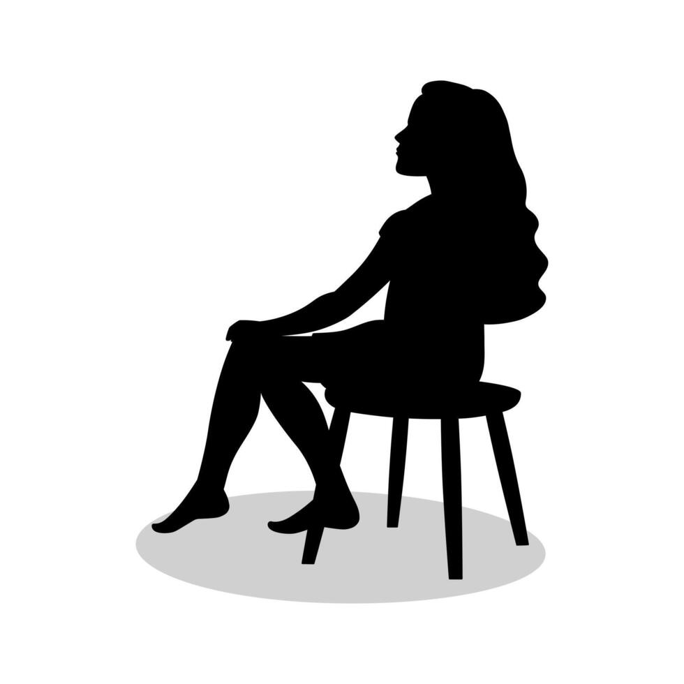 Girl with long hair sitting on a stool, black silhouette vector