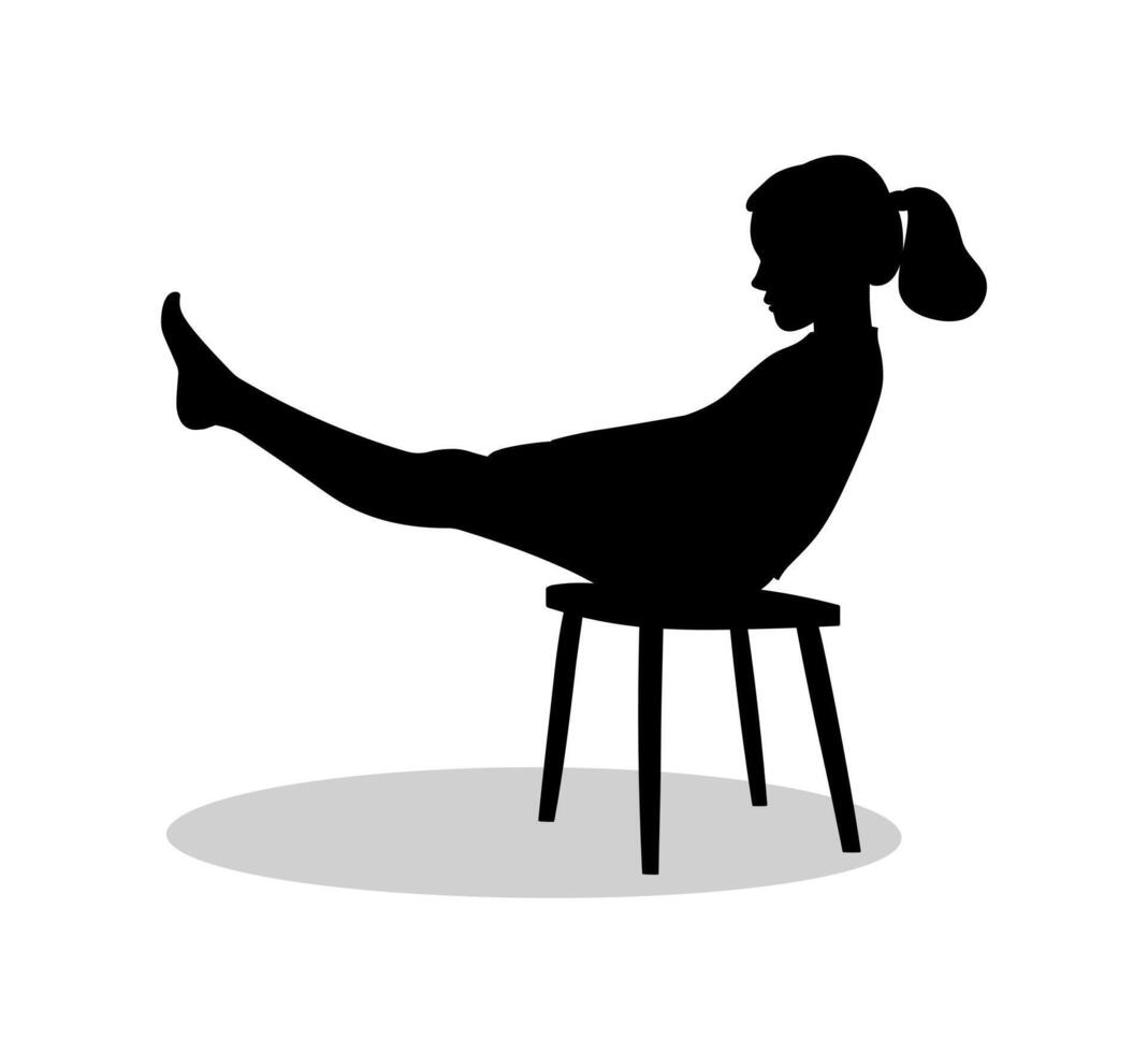 Girl with a ponytail sits on a stool, legs raised up, sports gymnastics bar, black silhouette of a person vector
