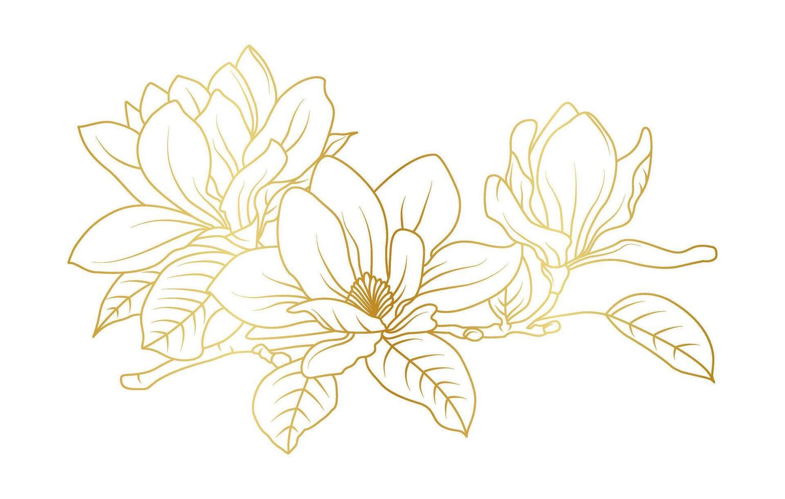 Gold magnolia flower line art isolated on white background. Luxury magnolia floral design elements for invitation, wedding, wallpaper, print template, illustration vector