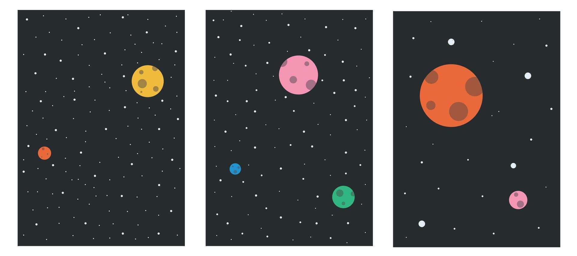Starry night poster set with colorful planets. Galaxy design collection for background, web app, banner, poster, social media. vector